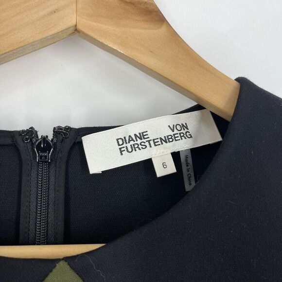 Diane Von Furstenberg Dress Size 6 Green Black Colorblock Midi Sheath Tailored - Picture 3 of 6